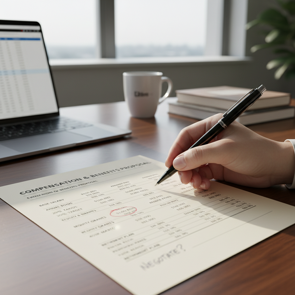 A close-up, photorealistic image of a hand holding a pen, poised over a document that shows various financial figures and benefits categories. The background is slightly blurred, suggesting a professional office setting. The focus is on the act of careful consideration and negotiation.