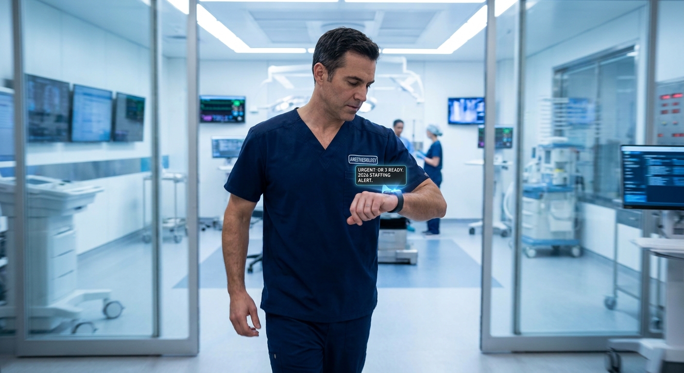 A dynamic, high-quality photo of a male anesthesiologist in blue scrubs checking a high-tech smartwatch while walking through a clean, modern surgical center. The image conveys a sense of efficiency, urgency, and responsiveness, highlighting the importance of quick communication in the 2026 healthcare hiring market.
