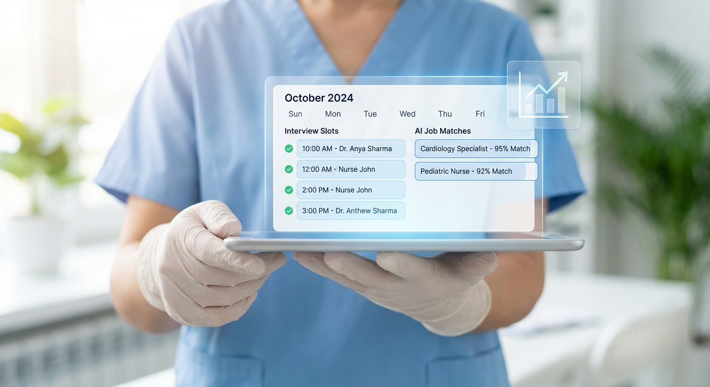 A bright, optimistic image of a healthcare provider's hands holding a sleek tablet that displays a clear, organized digital calendar with perfectly synced interview slots and AI-driven job matches. The UI is minimalist and high-tech, conveying a sense of transparency, speed, and seamless automation in the medical hiring process.