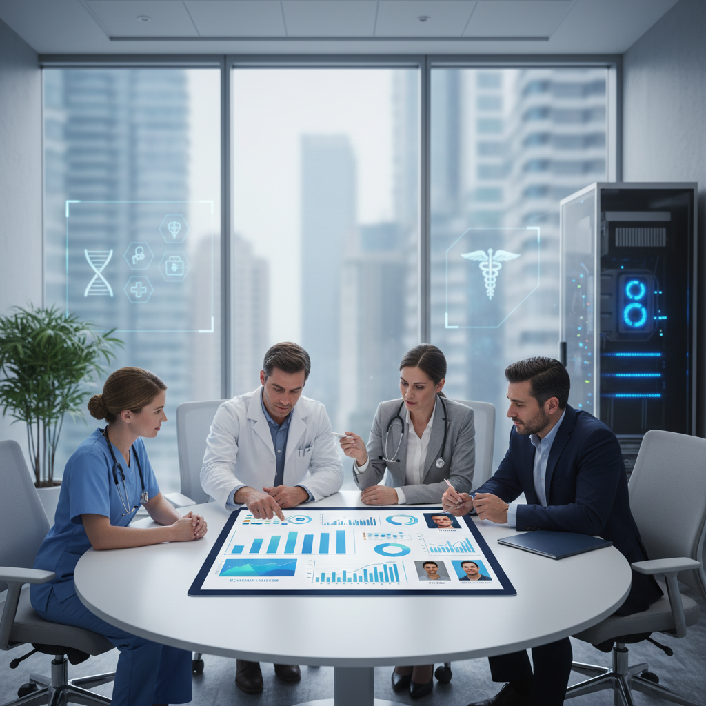 A photorealistic, professional image showing diverse healthcare professionals collaborating around a digital tablet displaying analytics and candidate profiles. The setting is a modern, clean office space with subtle medical motifs in the background, conveying efficiency and technology in recruitment.