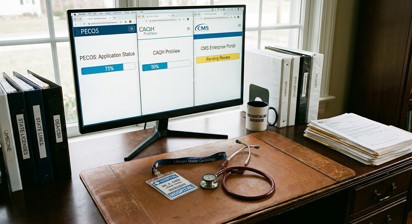A detailed, close-up shot of a modern home office desk belonging to a physician, featuring a high-resolution monitor displaying multiple browser tabs for PECOS, CAQH, and CMS portals with progress bars. A stethoscope and an ID badge lie next to the keyboard, symbolizing the intense administrative 'credentialing fatigue' and the meticulous organization required for locum work.