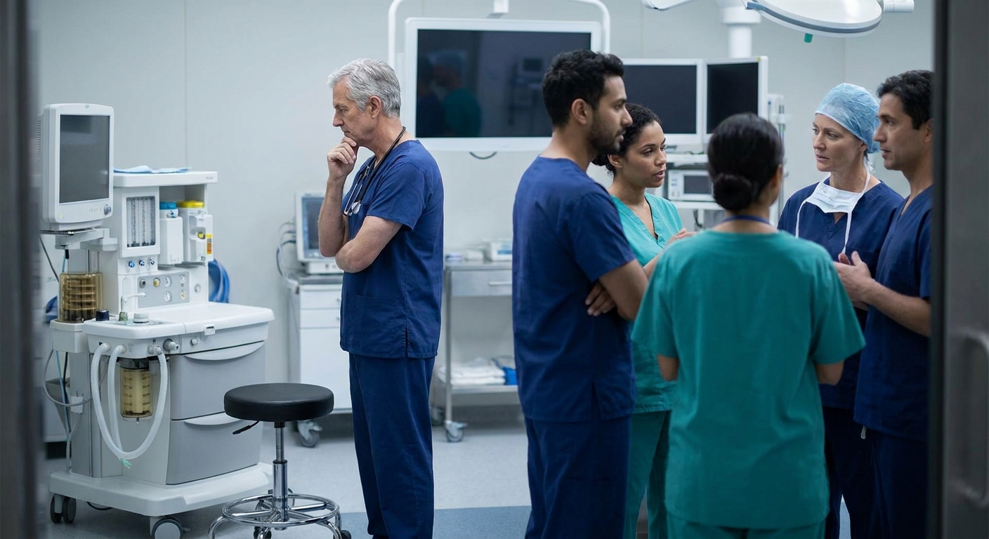 A thoughtful, high-quality photograph of a diverse group of surgical staff standing in a modern, slightly blurred operating room, with one senior provider looking at an empty anesthesia station, representing the 'retirement cliff' and vacancy gap.