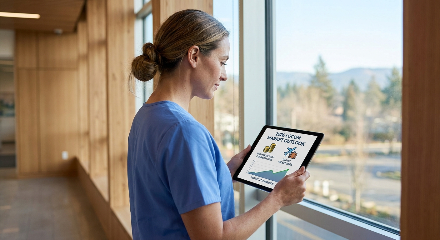 A photorealistic image of a medical professional in scrubs checking a digital financial dashboard on a tablet while standing near a window of a serene, high-end regional clinic. The screen displays professional icons for high-value daily compensation and travel milestones, illustrating the financial allure of the 2026 locum market.
