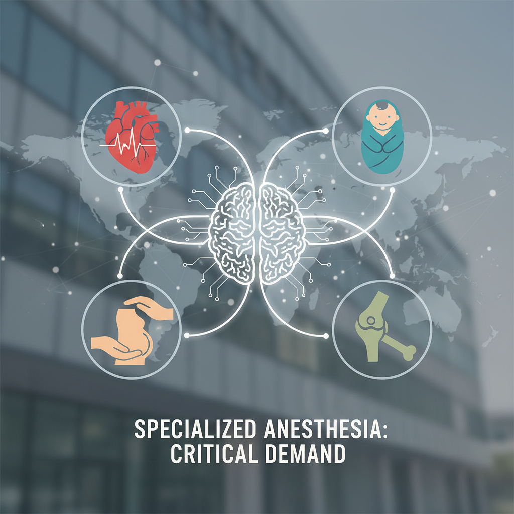 A visually engaging image representing the demand for specialized anesthesia subspecialties. Feature a collage or arrangement of icons and subtle imagery related to high-demand areas: a stylized heart for cardiothoracic, a baby for pediatrics, an obstetrician's hands, and a joint for orthopedics. These elements should be arranged in a clean, modern graphic design style against a subtle, muted professional background.