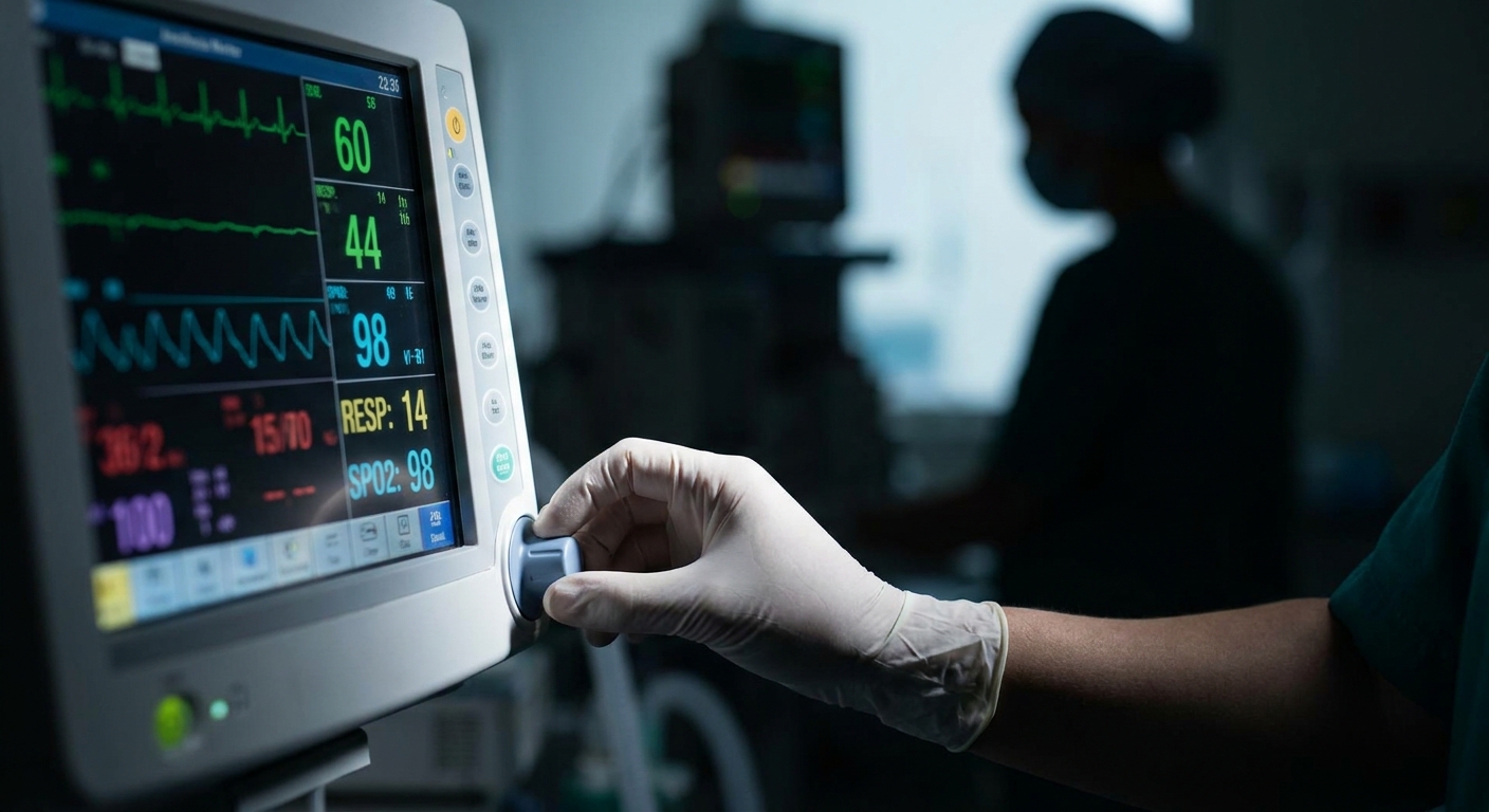 An evocative, close-up shot of an anesthesia monitor displaying complex vital signs and wave patterns in a dark operating room. In the foreground, a medical professional's hand is adjusting a dial with precision. The atmosphere is tense and focused, capturing the high-stakes, high-vigilance nature of the anesthesia workplace.
