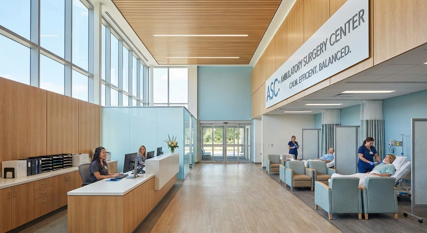 A bright, modern, and clean Ambulatory Surgery Center (ASC) lobby and recovery area. The image features natural light streaming through windows, organized workstations, and a sense of calm efficiency. This represents a balanced clinical environment where scheduling is predictable and the atmosphere is professional yet relaxed.