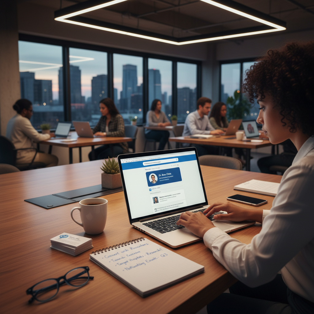 A dynamic and diverse image symbolizing a strategic job search for anesthesia professionals. Show a modern, well-lit office or co-working space where an anesthesiologist is actively engaging on a laptop, perhaps on a professional networking site or job board. Include elements like business cards, a notepad with handwritten notes about networking, and a subtly visible LinkedIn profile on the screen. The mood should be proactive and optimistic.