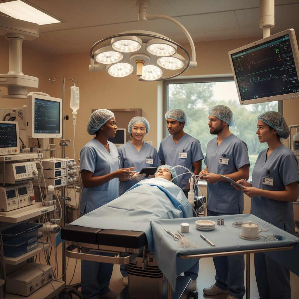 A warm and inviting image showcasing a modern, well-equipped operating room with a diverse team of anesthesia professionals preparing for a procedure. Focus on a sense of calm, preparedness, and advanced technology, highlighting the successful integration of new staff.