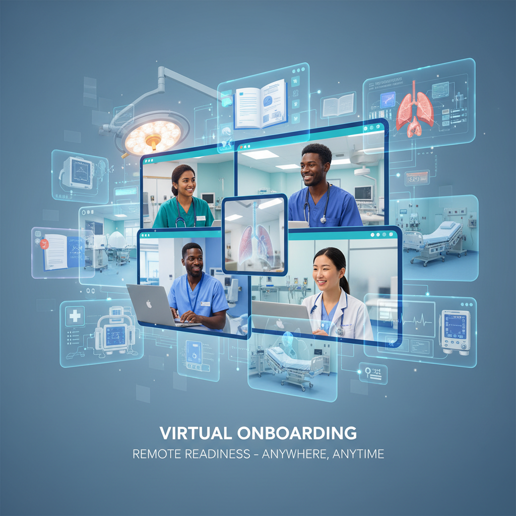 An illustration or photo montage depicting a diverse group of anesthesia providers engaging in virtual onboarding sessions via laptops and tablets. Include elements of diverse hospital environments and educational materials, emphasizing remote preparation and readiness.