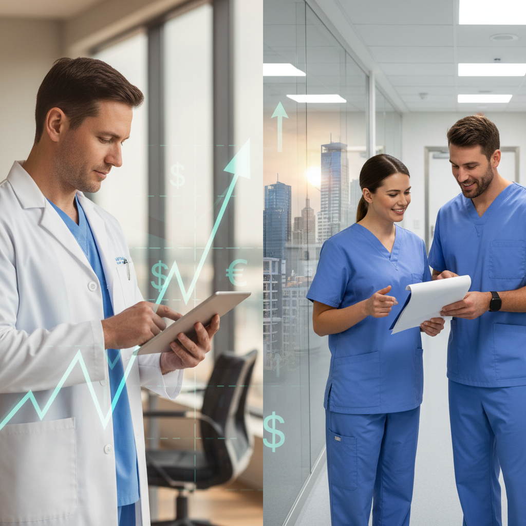 A photorealistic image illustrating the compensation aspects of anesthesia careers. Show a split scene: on one side, an anesthesiologist in a crisp white coat reviewing a digital report on a tablet with a subtle currency graph behind them; on the other side, a CRNA and CAA collaborating in a clean, modern operating room corridor, with a background hinting at economic growth and opportunity. The lighting should be professional and slightly warm.