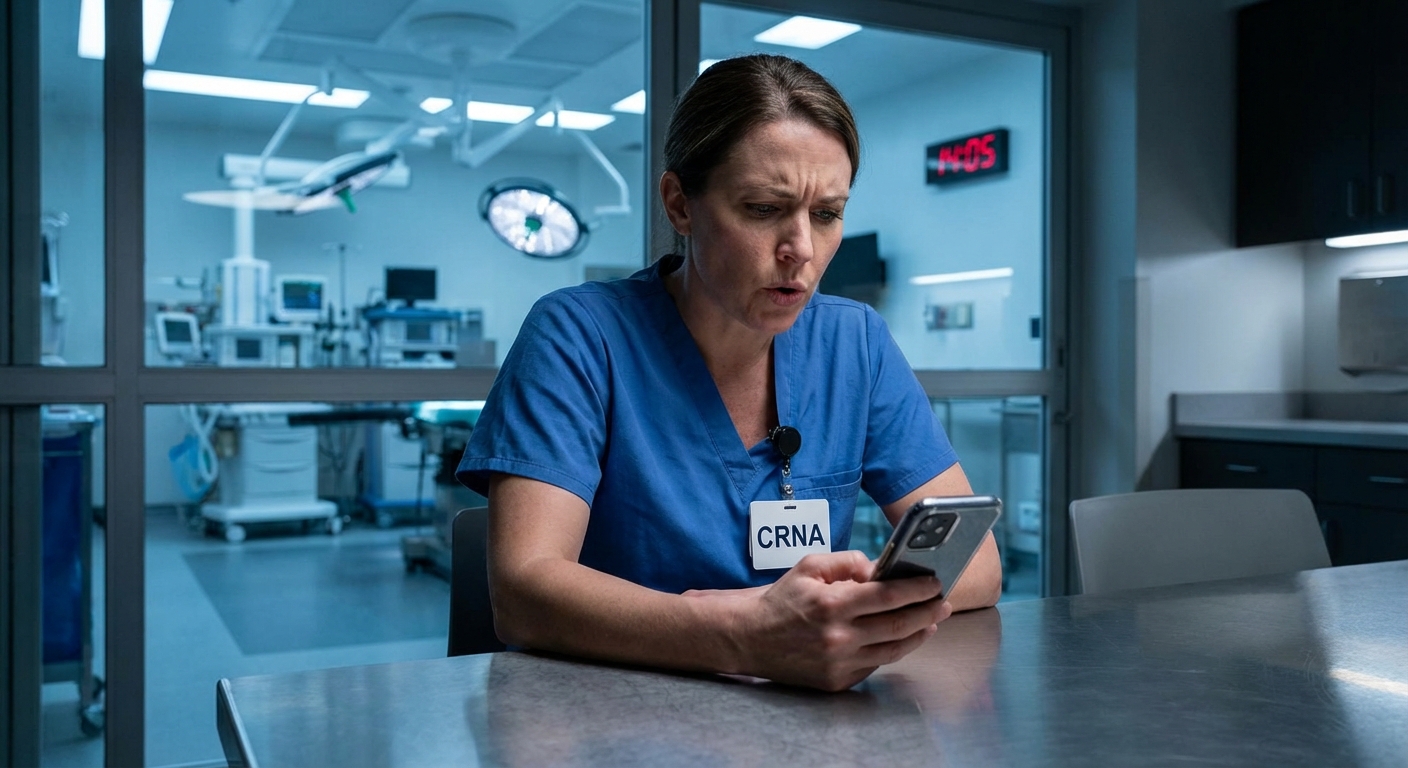 A close-up, emotive shot of a professional CRNA sitting in a contemporary hospital breakroom, looking at their smartphone with a frustrated expression while waiting for a response. The background shows a softly blurred surgical environment with cool-toned lighting, visually representing the 'candidate ghosting' and communication friction described in the text.