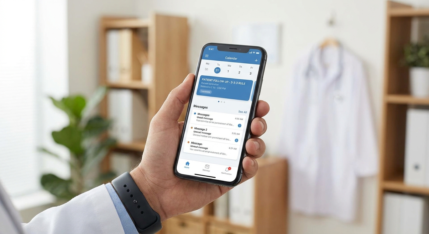A close-up, professional lifestyle image of a doctor's hand holding a sleek, modern smartphone in a bright office setting. The screen shows a clean interface of a professional messaging or scheduling app, symbolizing disciplined follow-up and the '3-3-3 rule.' The background is a blurred medical office with a warm, organized atmosphere.