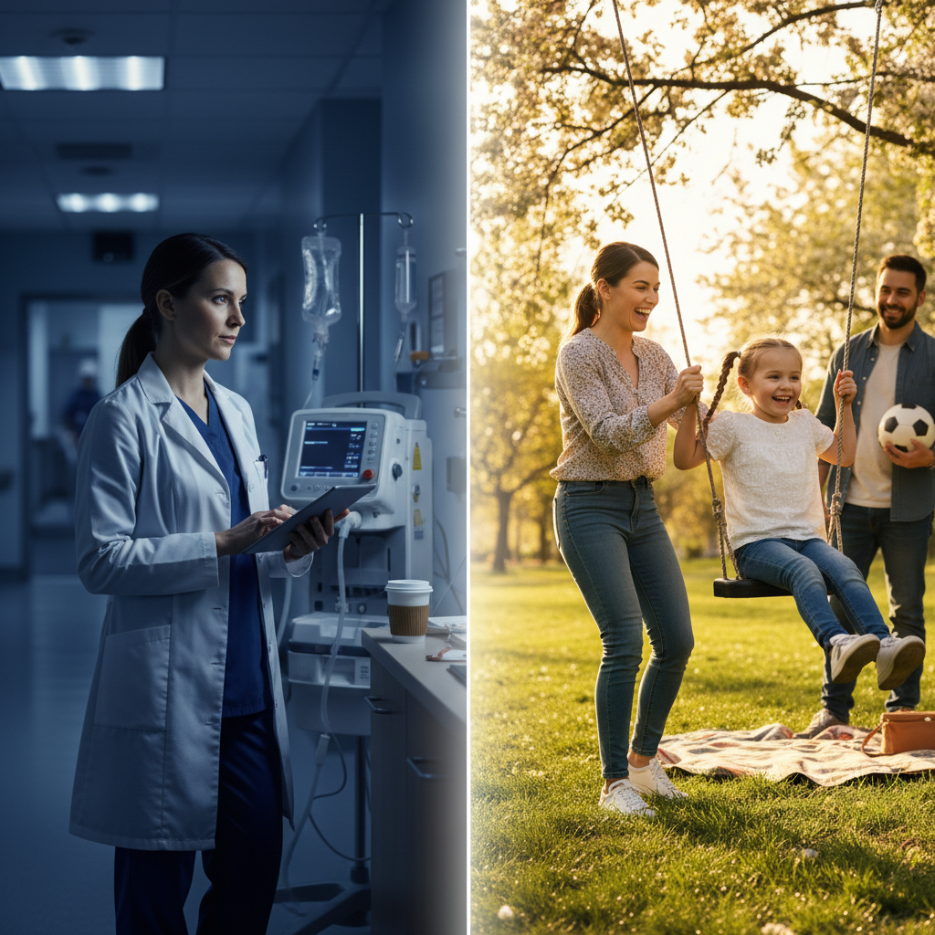 An image depicting a split scene: one side shows a doctor on call at night, looking slightly tired but professional, with medical equipment subtly visible; the other side shows the same doctor during the day, enjoying a moment with family or pursuing a hobby. This visually represents the balance between demanding call schedules and personal life.